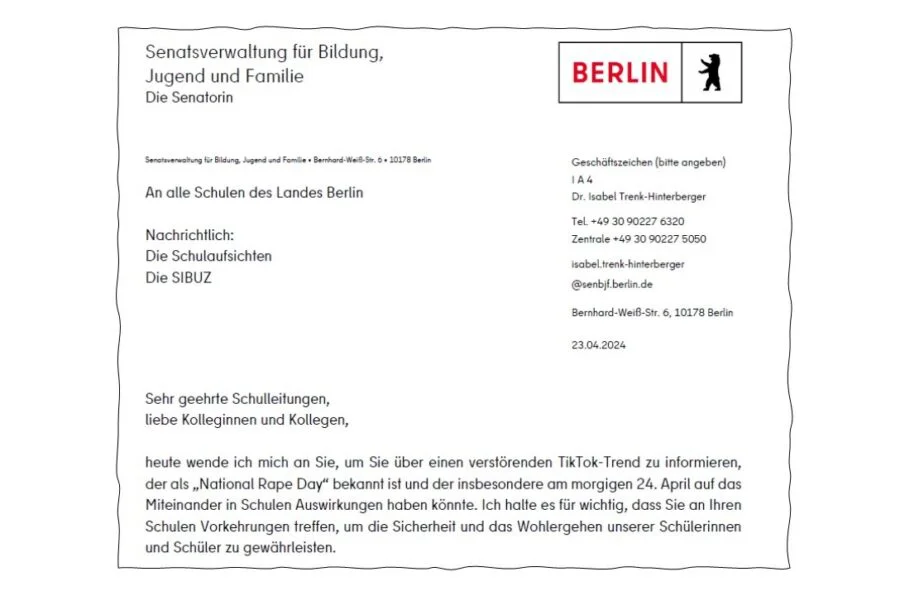 TikTok Senator van Berlijn waarschuwt voor ‘verkrachtingsdag’ op scholen